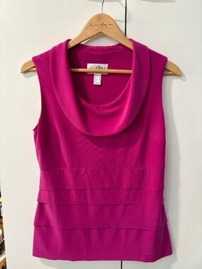 Joseph Ribkoff Magenta Raw Hem Tiered Cowl Neck Sleeveless Top Blouse Size 8